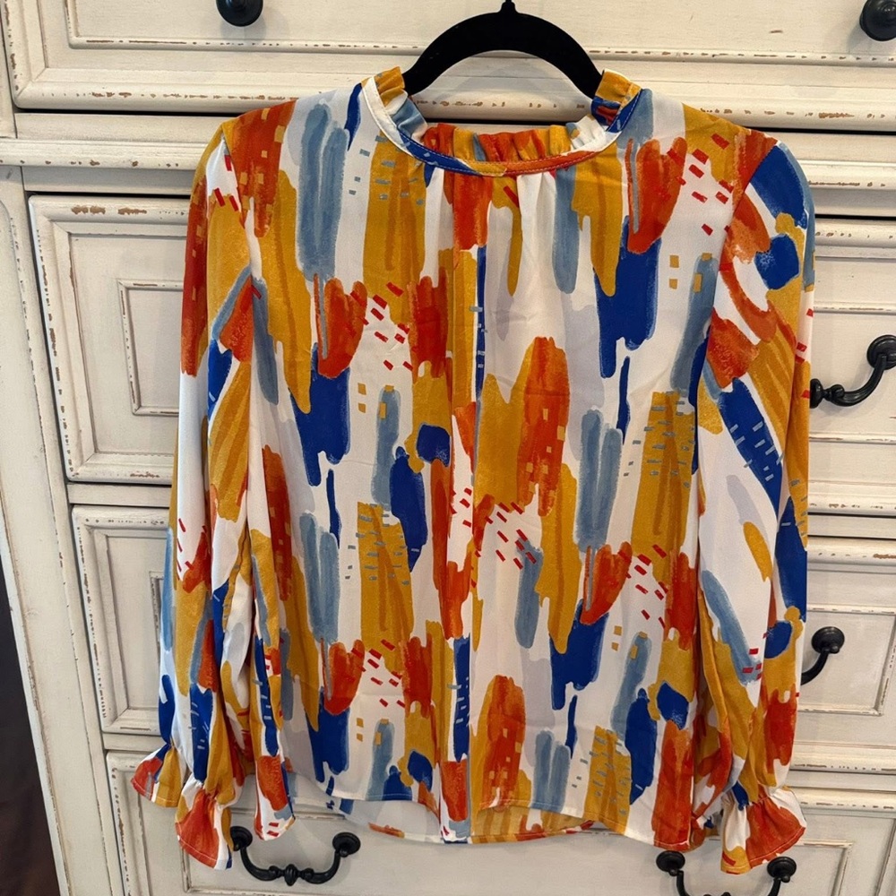 Amazon Essentials Orange and Blue Graphic Long Sleeve Blouse